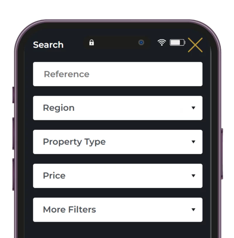 Interfejs wyszukiwarki nieruchomości z rozwijanymi filtrami wyszukiwania, takimi jak region, typ nieruchomości, cena oraz liczba łazienek i sypialni.