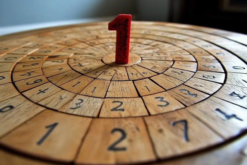 Drewniana plansza z koncentrycznymi okręgami i cyframi, na której na środku stoi czerwona liczba "1".