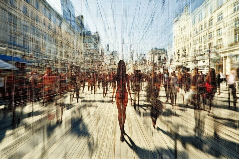 A silhouette of a woman walking through a crowded city street with a blurring effect and dynamic lines, creating the impression of movement and digital processing of reality.