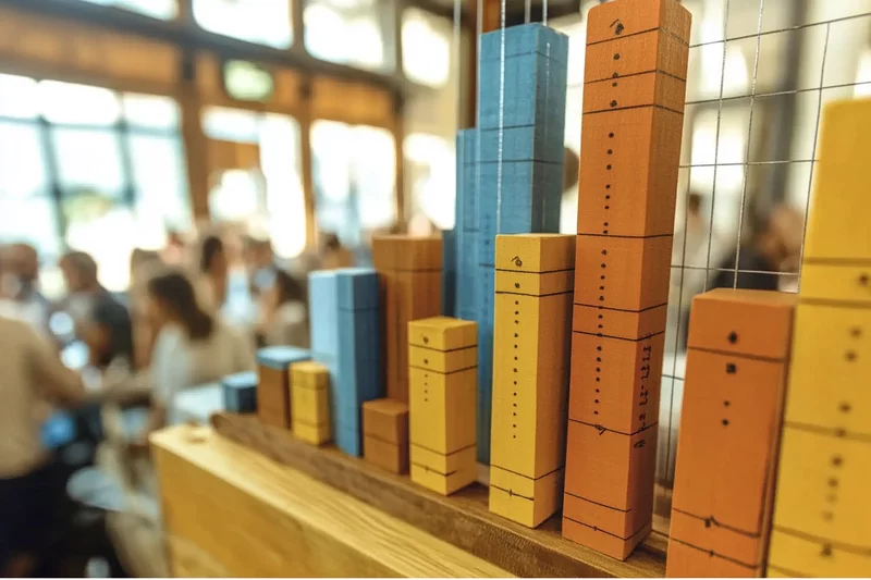 A colorful bar chart made of wooden blocks against a fuzzy group of people in a modern interior.