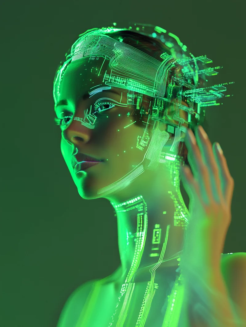 Futurystyczna kobieta z cyfrowymi, zielonymi elementami obwodów na twarzy i szyi, symbolizująca integrację człowieka z technologią i sztuczną inteligencją.