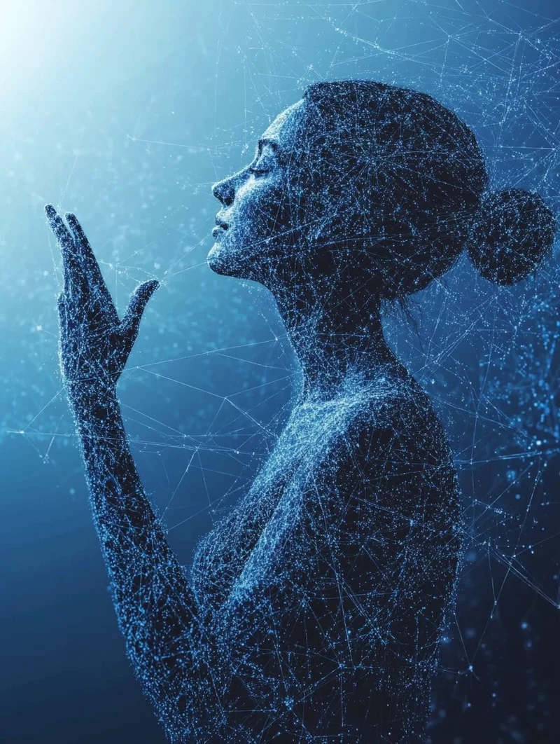Cyfrowa sylwetka kobiety złożona z niebieskich punktów i połączeń, symbolizująca sieć neuronową lub połączenie człowieka z technologią.