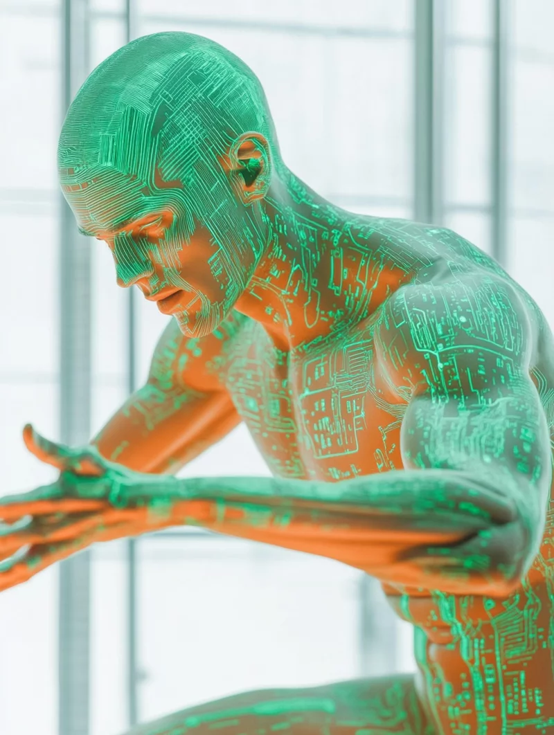 Postać mężczyzny o ciele pokrytym zielonymi, cyfrowymi obwodami przypominającymi płytki drukowane, w pozie symbolizującej skupienie i analizę.