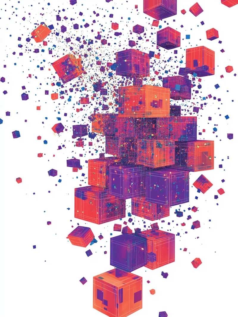 Kolorowa abstrakcja przedstawiająca setki unoszących się sześcianów w odcieniach czerwieni, fioletu i niebieskiego na białym tle, symbolizujących dane lub technologię blockchain.