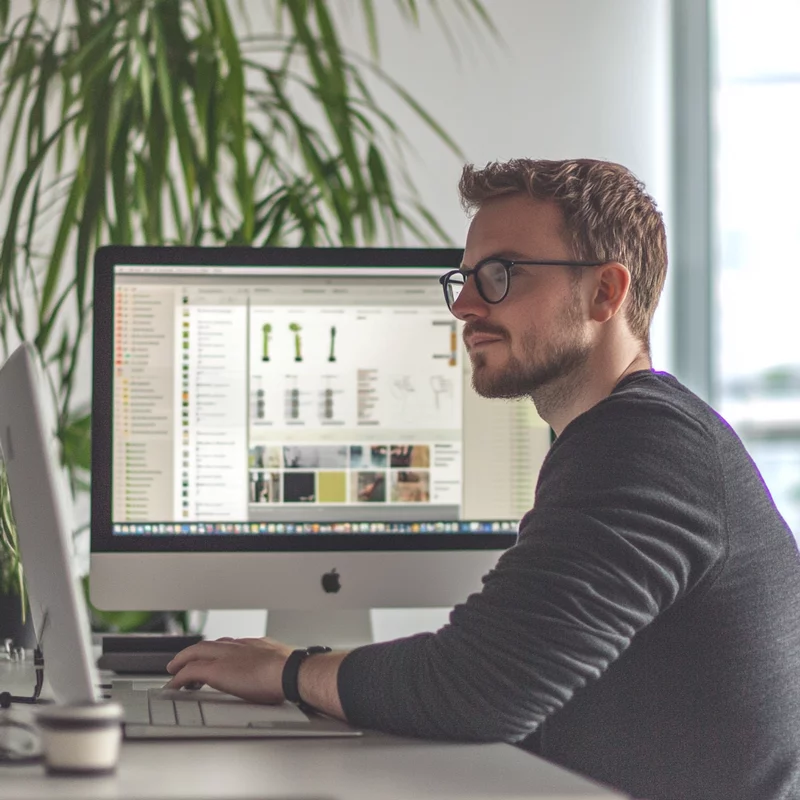 A man works at his desk on an iMac, browsing a product catalog with graphics and descriptions. A large potted plant can be seen in the background.