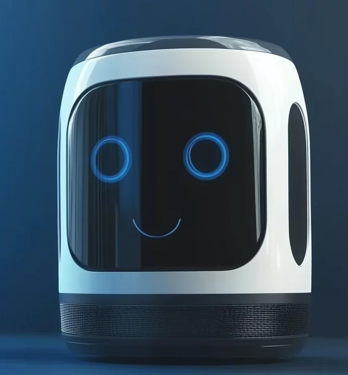A modern assistant robot with a stylized smiling face displayed on a screen, in a minimalist black and white casing.