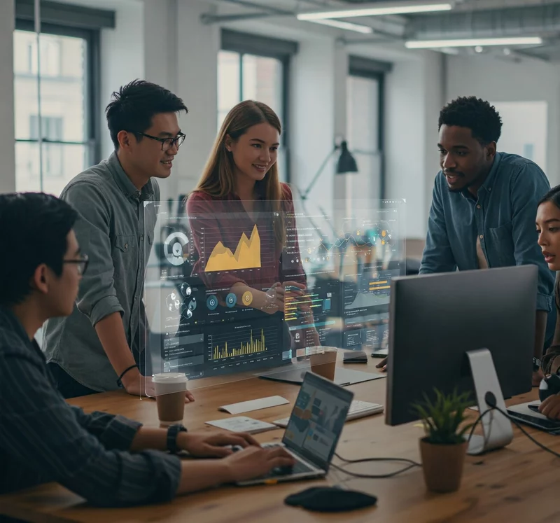 A group of young professionals discuss data displayed on a state-of-the-art, transparent touchscreen in an open-plan office.
