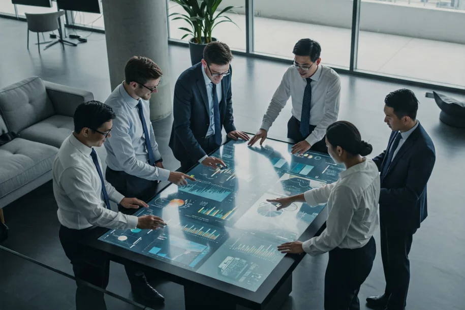 A group of businessmen and businesswomen in elegant attire discuss data on a large interactive touch table in a modern office overlooking the city.