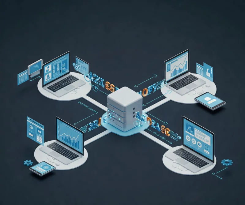 Grafika przedstawiająca centralny serwer połączony z czterema laptopami, symbolizująca integrację systemów informatycznych.