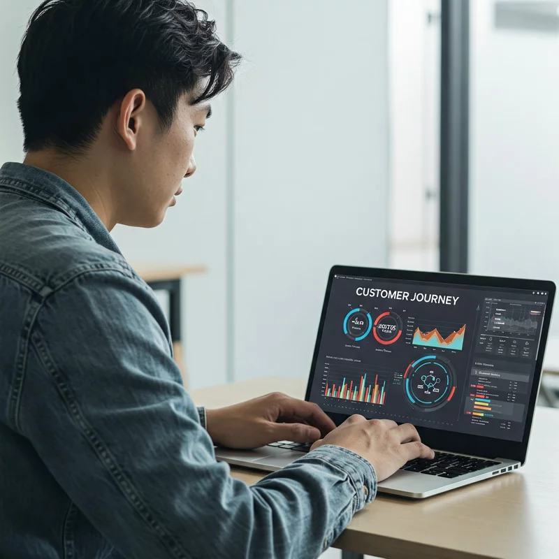 Mężczyzna pracuje przy laptopie, analizując dane dotyczące ścieżki klienta na ekranie.