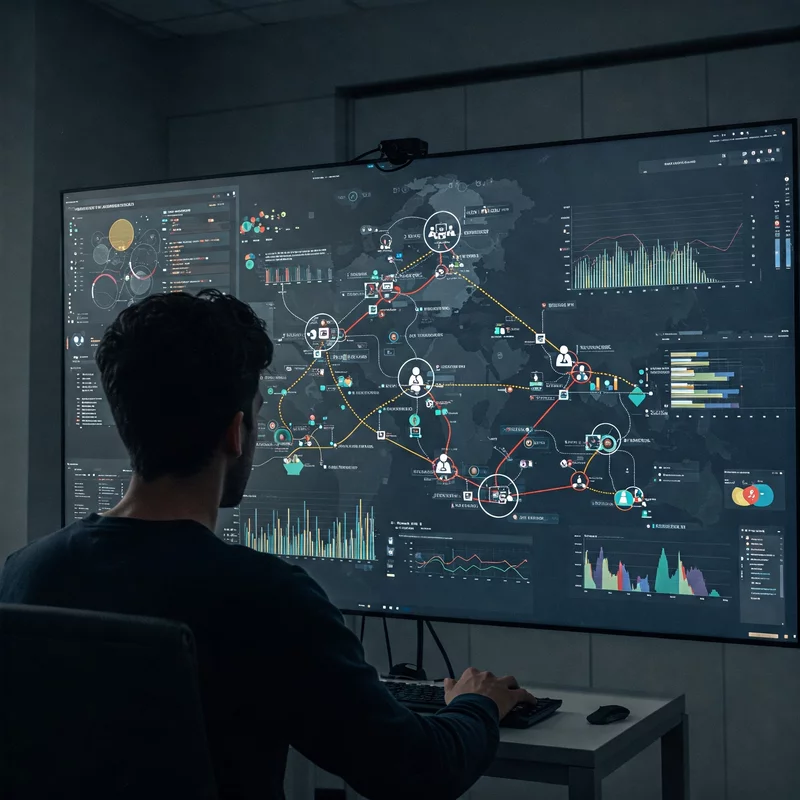 Mężczyzna pracuje przy dużym ekranie z mapą sieciową i wykresami danych analitycznych.