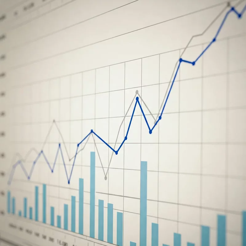 Wykres przedstawiający dane statystyczne w formie słupków i linii na tle siatki siatkowej, pokazujący zmienność wartości w czasie.