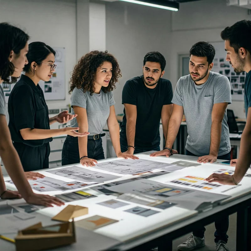 Grupa młodych osób dyskutuje nad projektami architektonicznymi przy stole roboczym w nowoczesnym biurze.