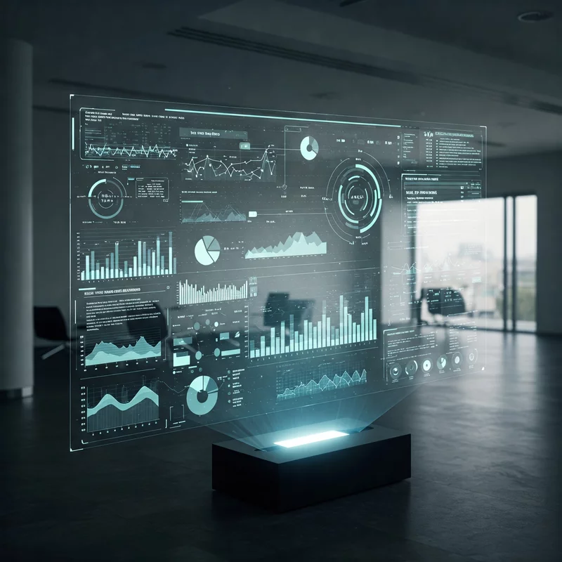 Holograficzny ekran z interaktywnymi wykresami i danymi statystycznymi wyświetlany w nowoczesnym, pustym biurze.