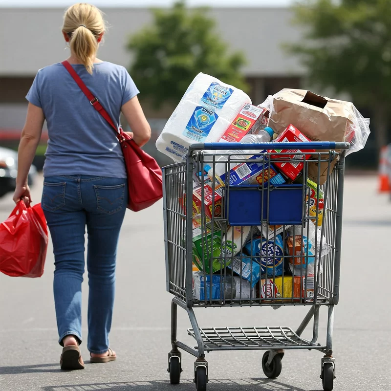 Kobieta odchodzi z wózkiem pełnym zakupów spożywczych i artykułów codziennego użytku na parkingu sklepowym.