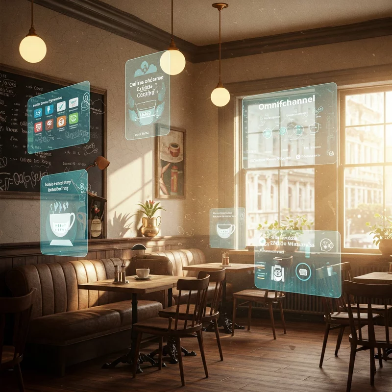 The interior of the stylish café, with its classic decor, features holographic digital interfaces floating around, presenting data on omnichannel, e-commerce and online ordering.