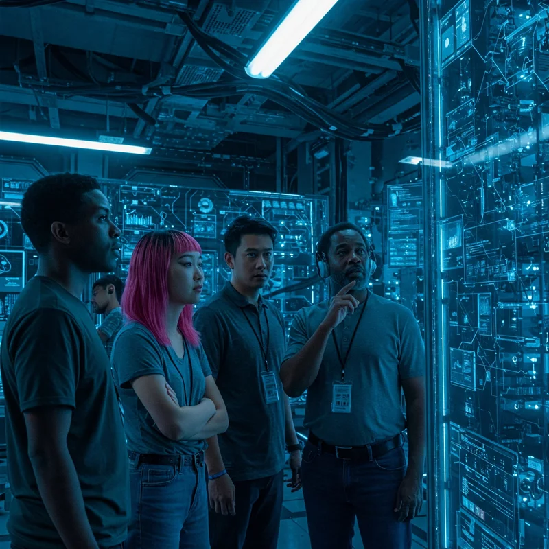 A group of IT specialists analyze a complex data interface displayed on a large, transparent screen in a modern data center lit in blue.