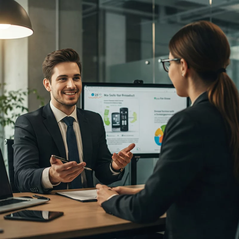 Two professionals in suits are having a business conversation in the office, the screen in the background shows a product presentation with charts and graphics.