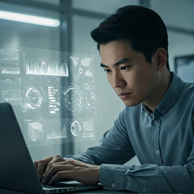 The man is busily working on a laptop, analyzing data displayed on a transparent holographic screen with graphs and statistics.
