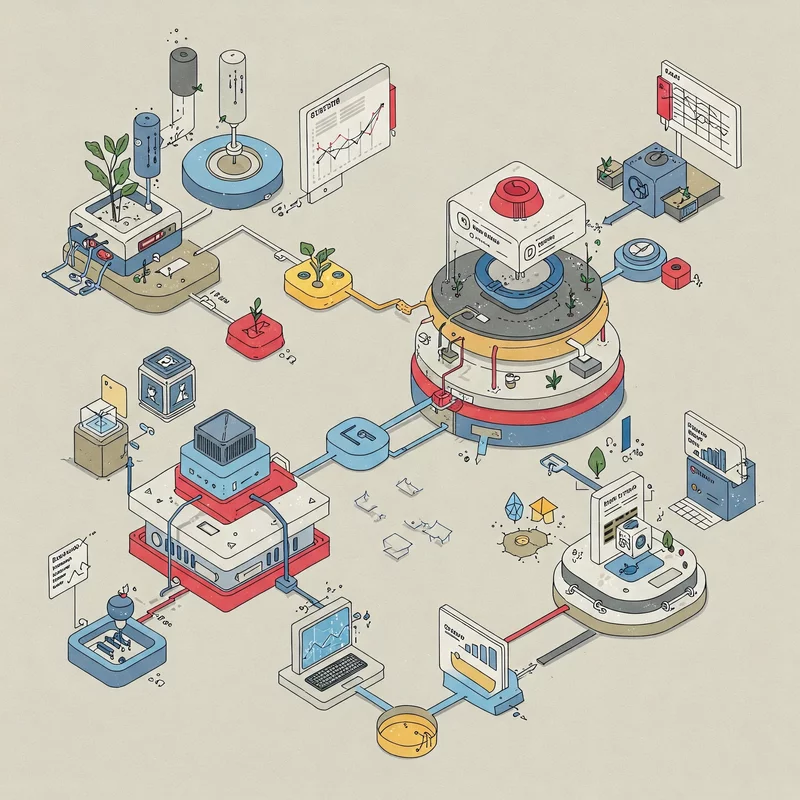 The illustration depicts a complex ecosystem of data and business processes in the form of an isometric diagram with technology icons, charts, devices and plants symbolizing growth.