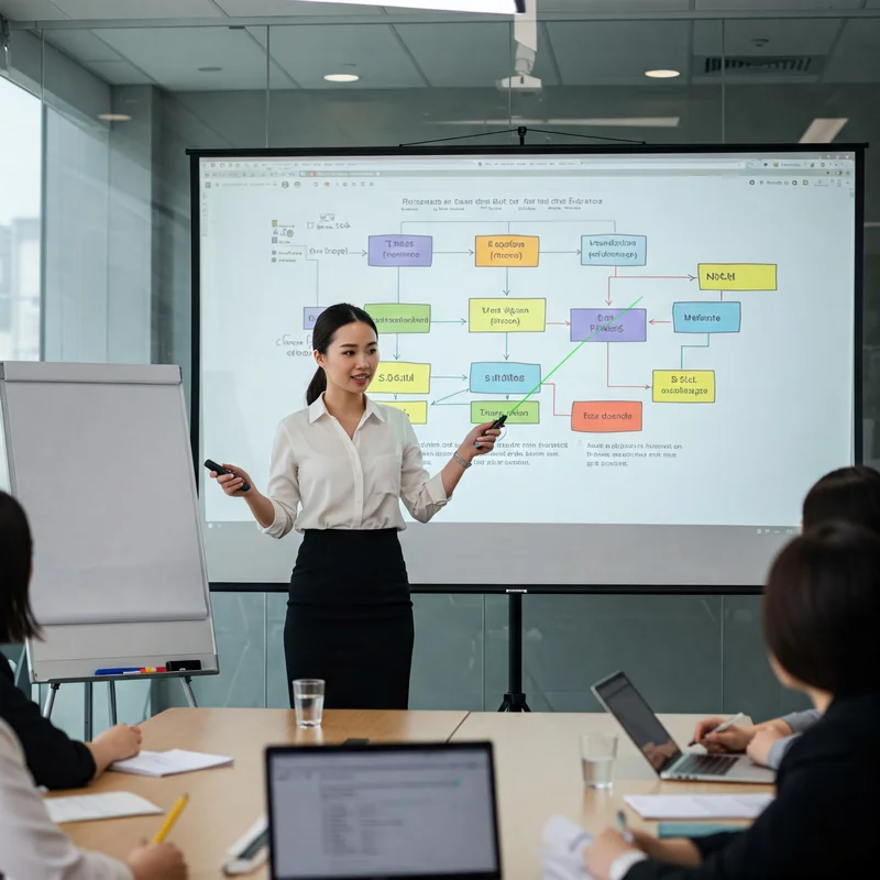 A woman is giving a business presentation in a conference room, pointing to a flowchart projected on a projection screen, while meeting participants take notes at a table.