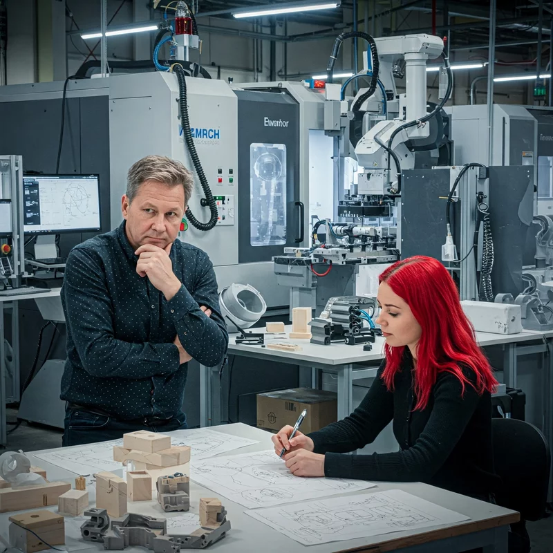 Dwóch inżynierów pracuje nad projektami technicznymi w nowoczesnym zakładzie przemysłowym, otoczonym maszynami CNC i częściami mechanicznymi.