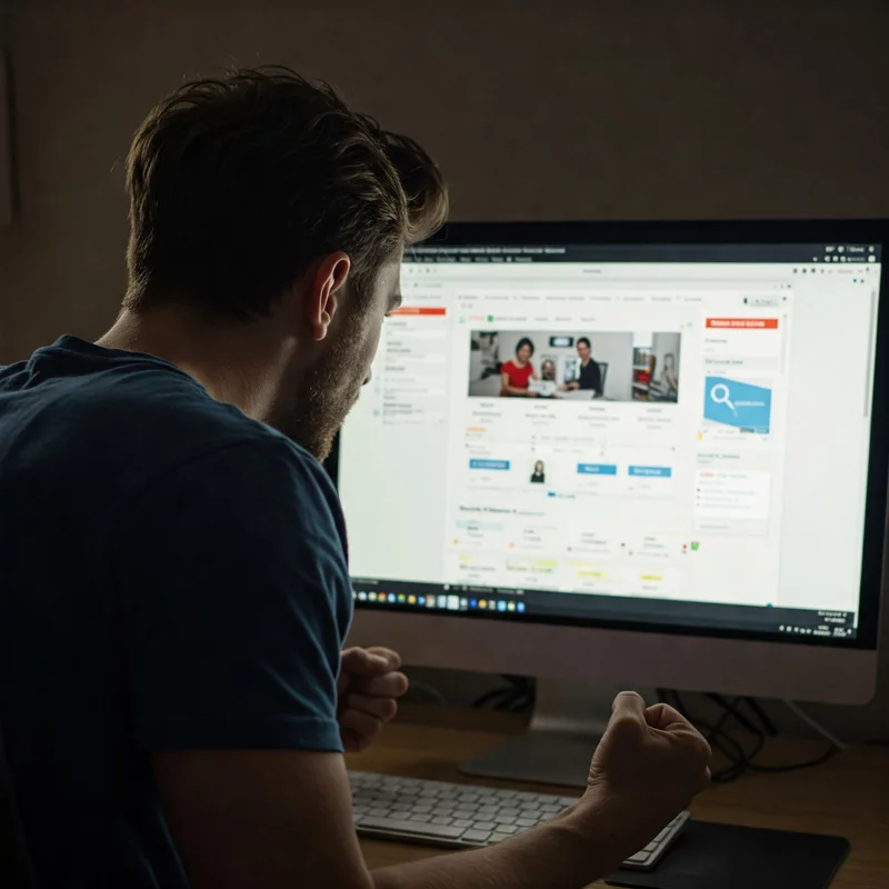 Mężczyzna siedzi przy biurku przed komputerem, z entuzjazmem reagując na to, co widzi na ekranie - prawdopodobnie nie udaną transakcję lub negatywny wynik w serwisie internetowym.