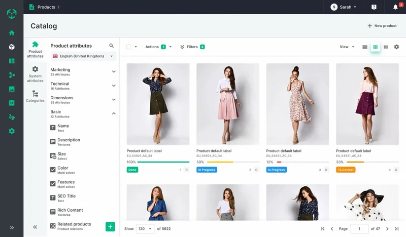 Ergonode PIM: katalog produktów z atrybutami i stopniem uzupełnienia danych (źródło: ergonode.com)