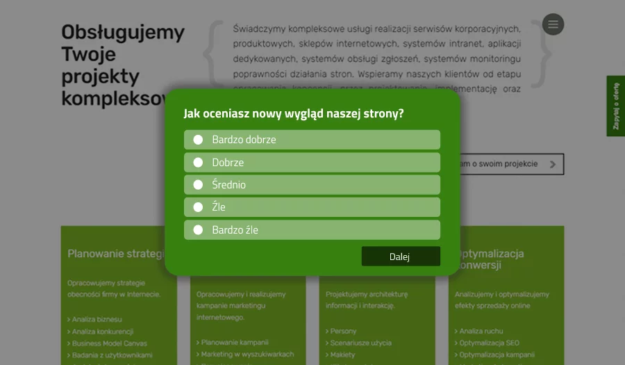 Screen strony przedstawiający okno pytania ankietowego w badaniu redesignu strony