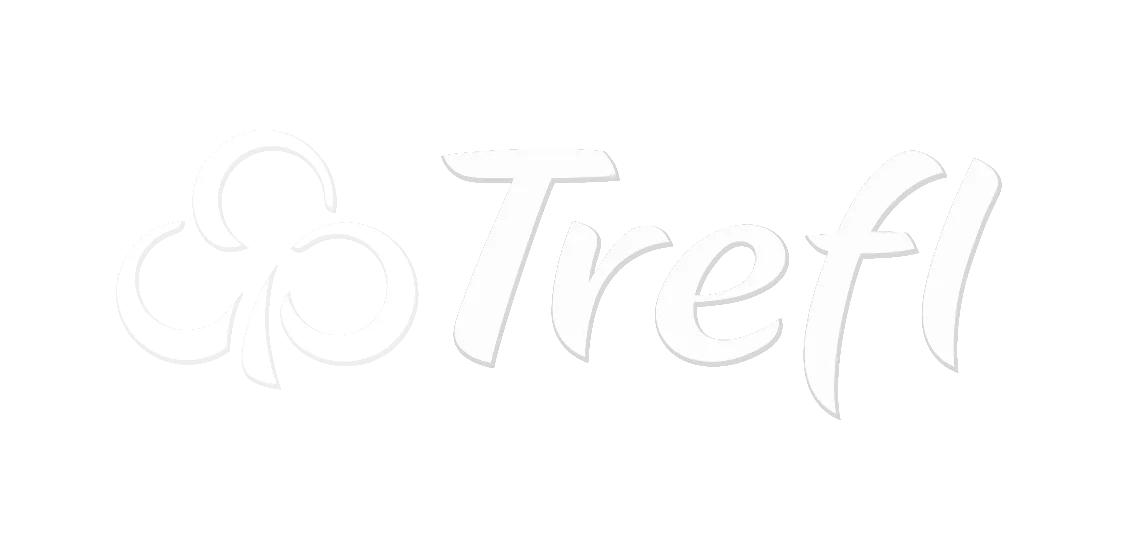 Obraz przedstawia białe logo firmy Trefl